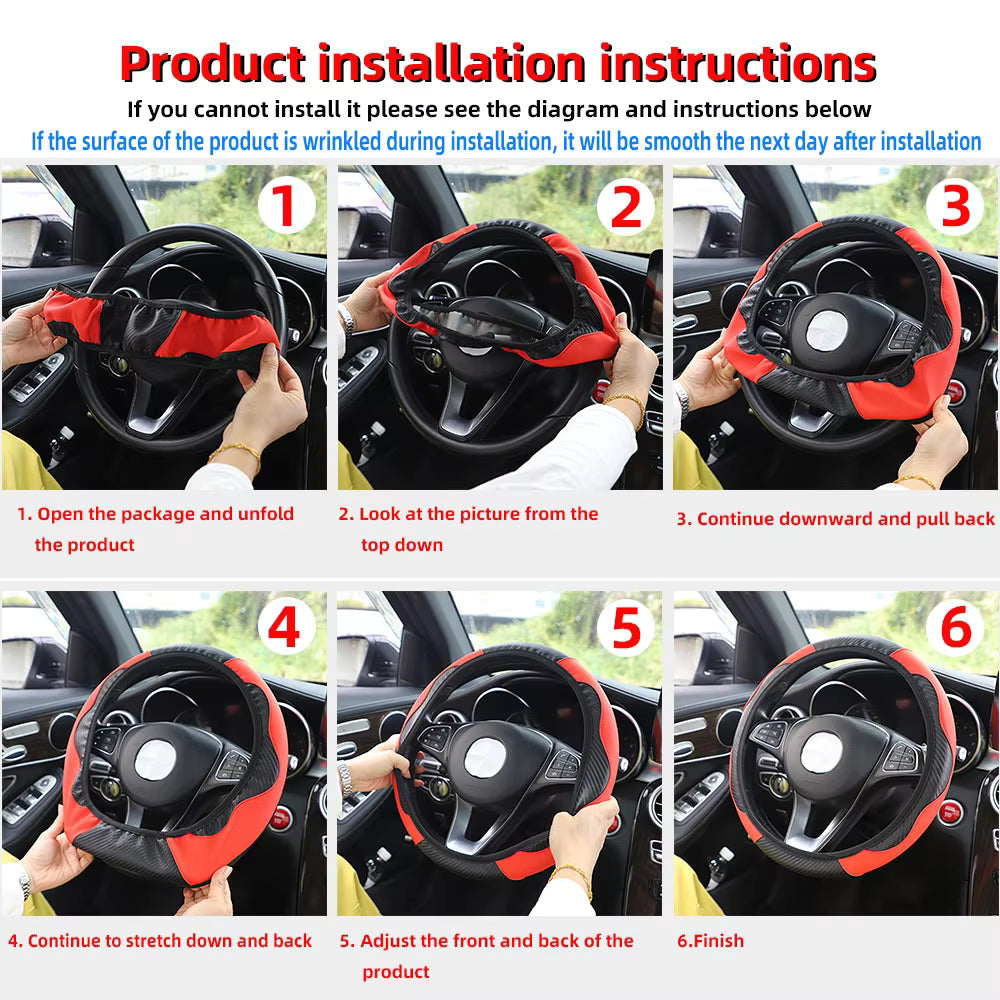 PU Carbon Fiber Leather Car Steering Wheel Cover Anti-Slip Universal 14.5-15 Inch