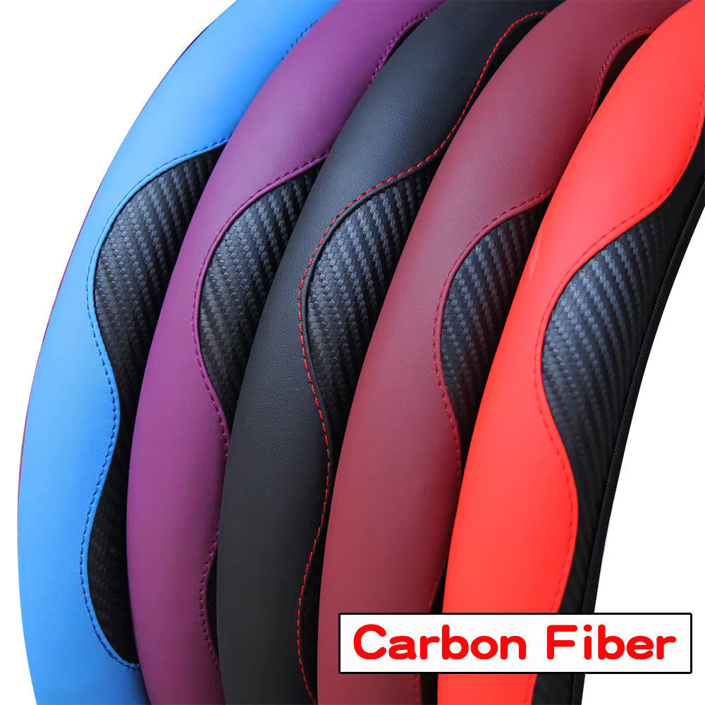 PU Carbon Fiber Leather Car Steering Wheel Cover Anti-Slip Universal 14.5-15 Inch