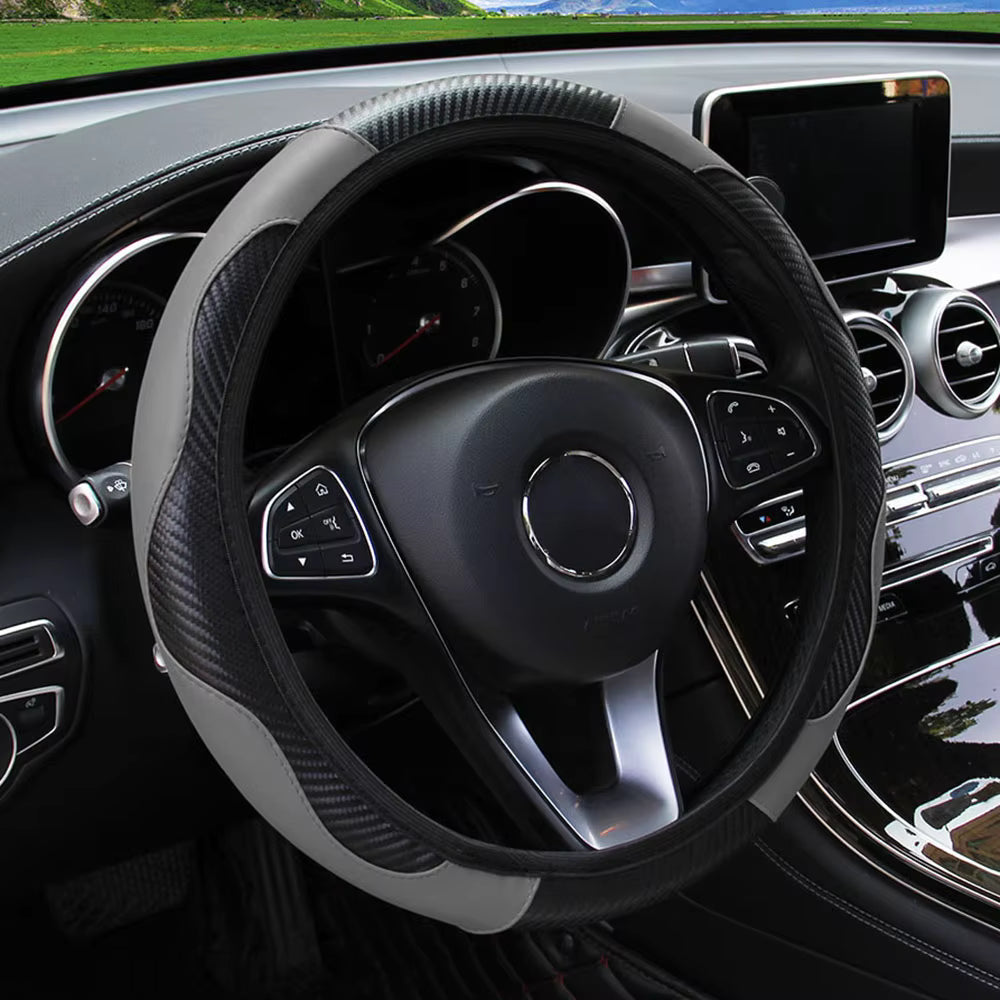 PU Carbon Fiber Leather Car Steering Wheel Cover Anti-Slip Universal 14.5-15 Inch