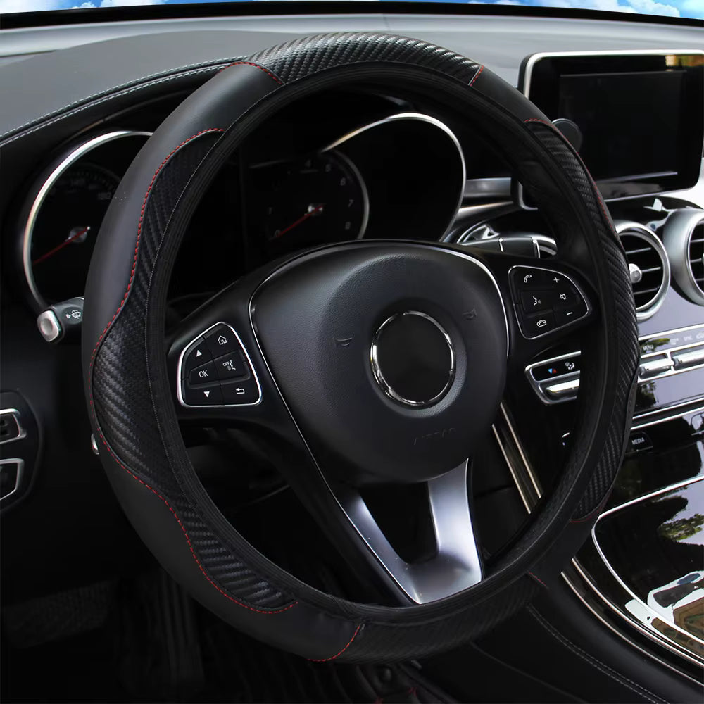 PU Carbon Fiber Leather Car Steering Wheel Cover Anti-Slip Universal 14.5-15 Inch
