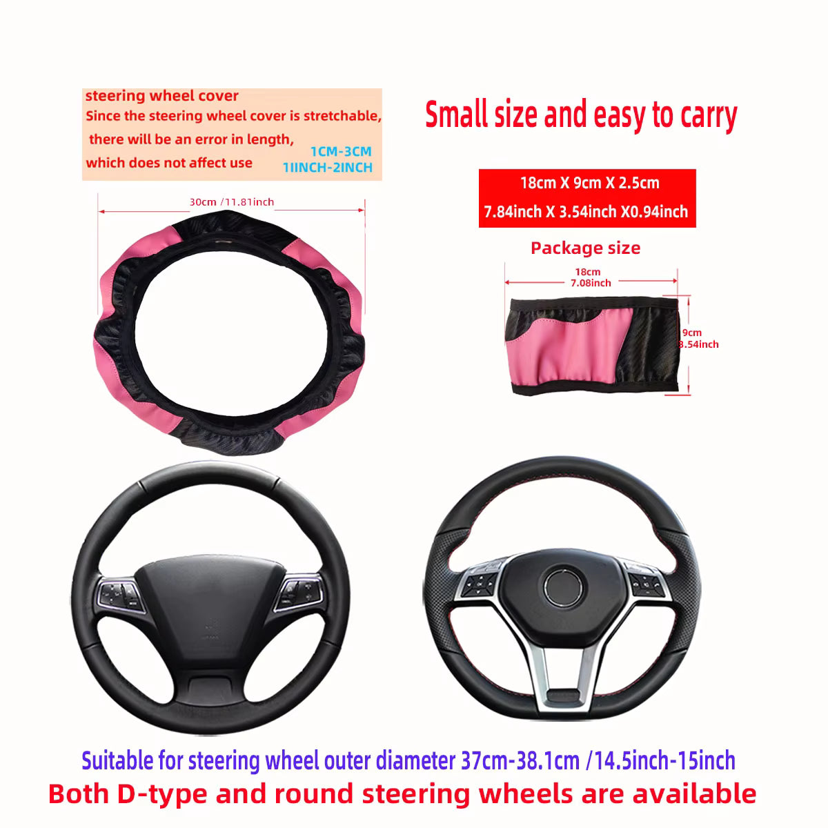 PU Carbon Fiber Leather Car Steering Wheel Cover Anti-Slip Universal 14.5-15 Inch