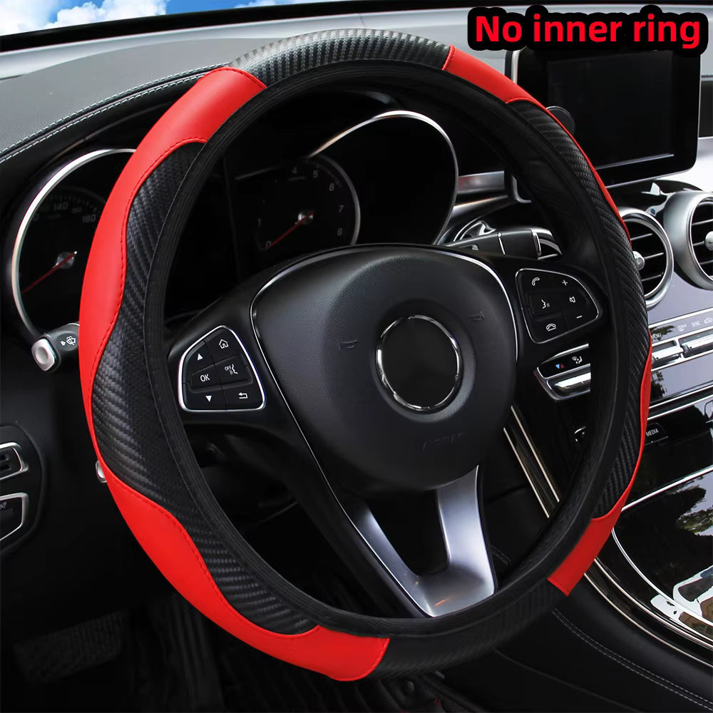 PU Carbon Fiber Leather Car Steering Wheel Cover Anti-Slip Universal 14.5-15 Inch
